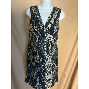 Connected Petite Sheath Dress Womens 4P Blue Geometric Ruched V-Neck Excellent